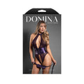 Fantasy Lingerie Domina Open Halter Teddy with Lace-Up Detail & Blindfold Deep Purple L/XL
