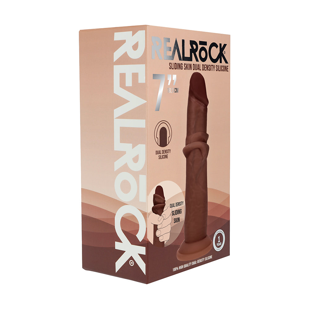Realrock Sliding Skin Dual Density Silicone Dildo 7 in. Brown
